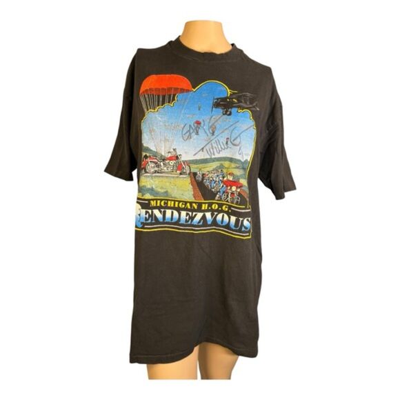 Vintage 1991 Harley Davidson Michigan H.O.G. Rendezvous T-Shirt XL AUTOGRAPHED - Picture 1 of 7